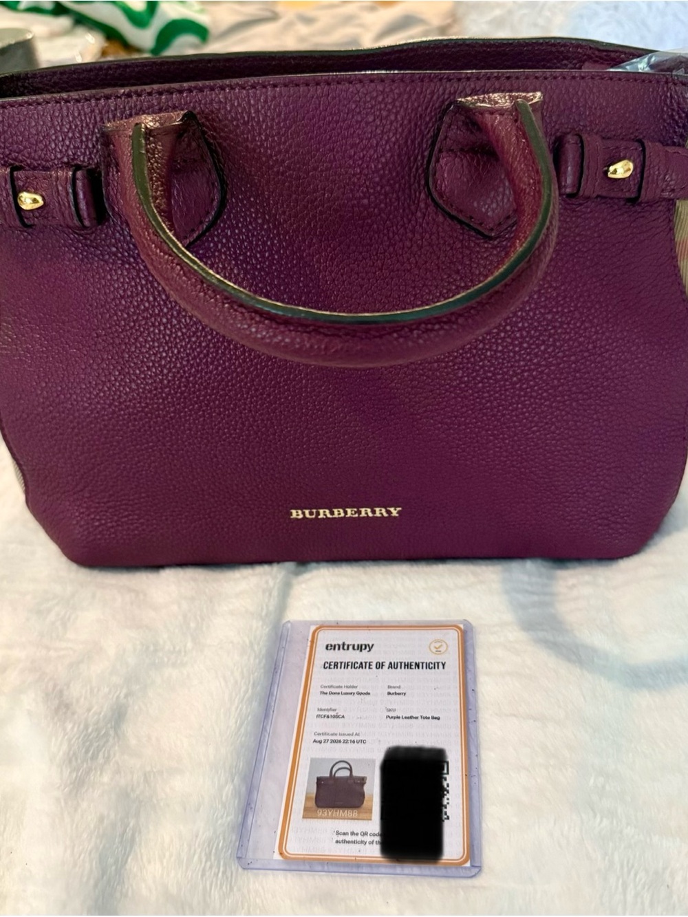 Burberry Plum Grain Calf Leather Tote Crossbody Bag + Entrupy COA